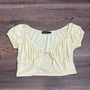Nirie Collection Yellow Short Sleeve Tie Front Women's Crop Top Size Small